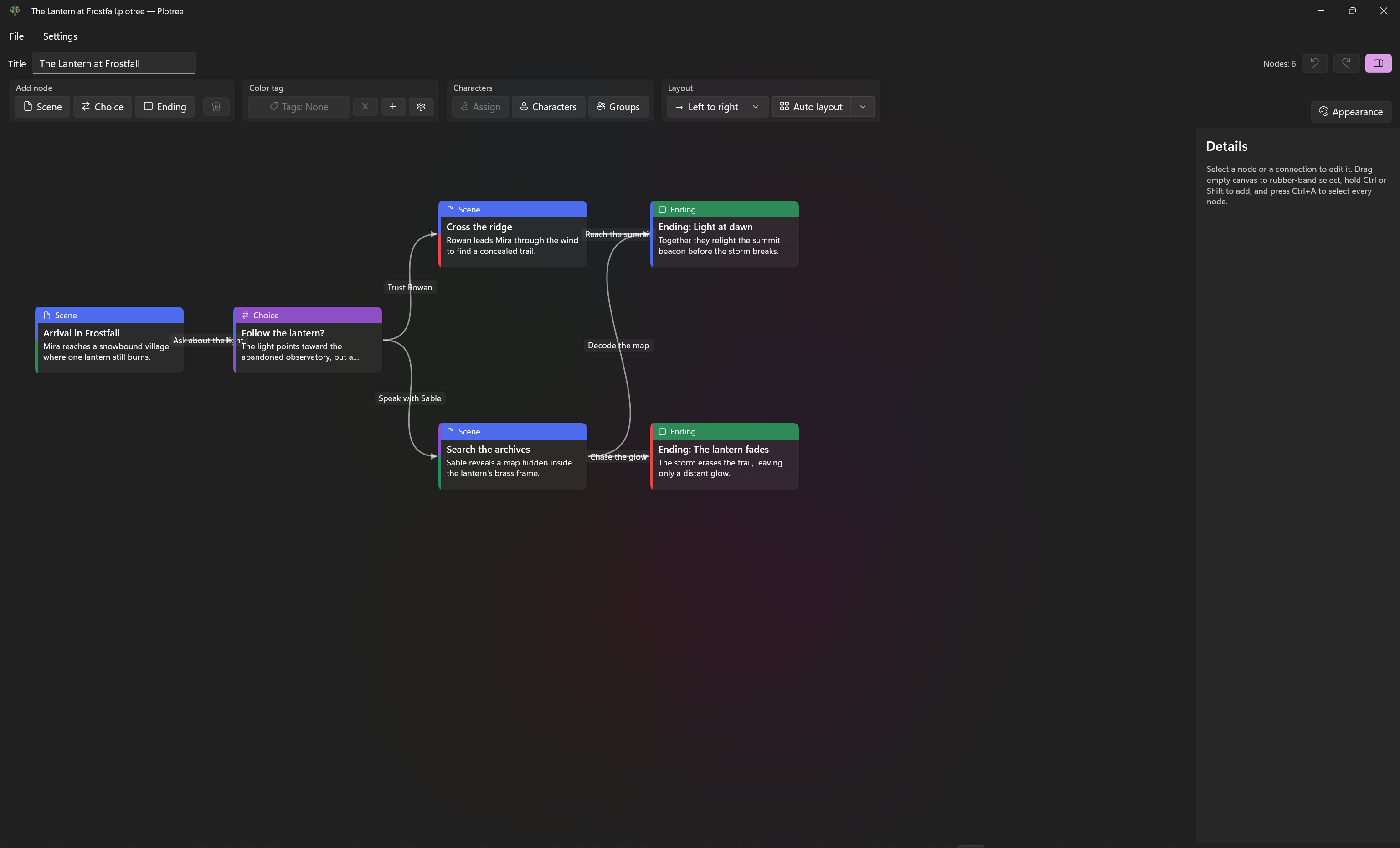 A branching story map in Plotree