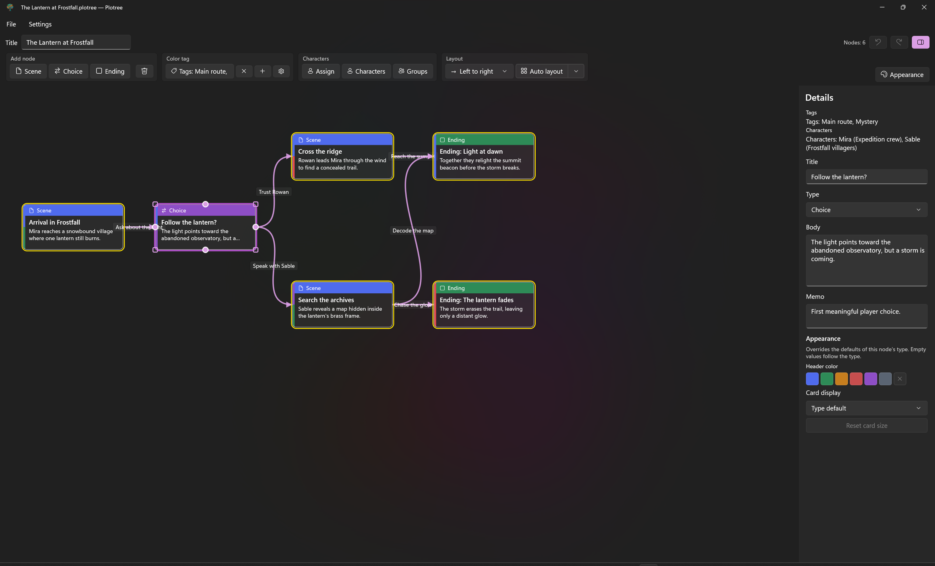 Editing a selected story node